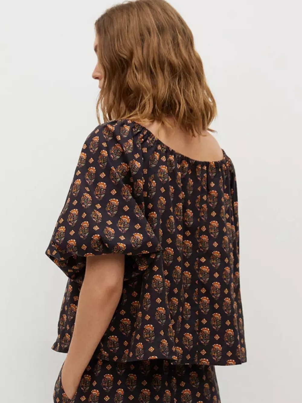 Mango Printed Floral Puff Sleeves Crew Neck Boho Blouse Sz Xs